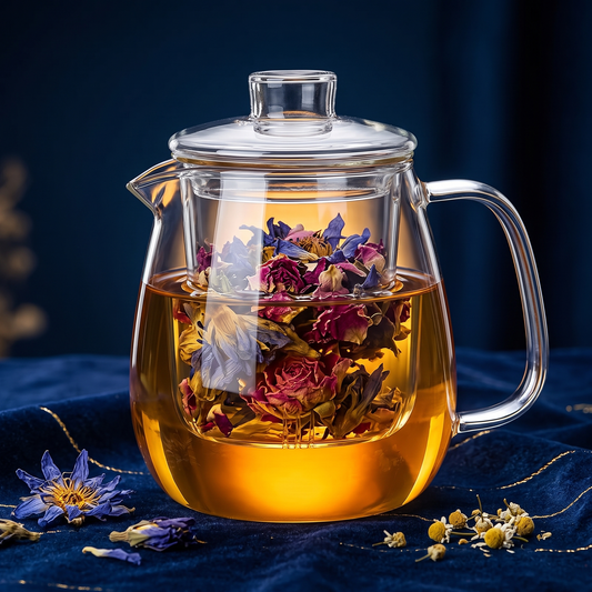 Théière en verre avec infuseur, fleurs de lotus bleu et roses