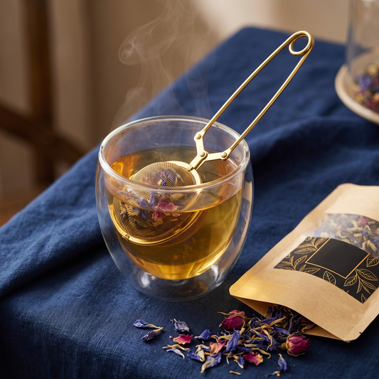 Boule à infusion dorée dans une tasse en verre